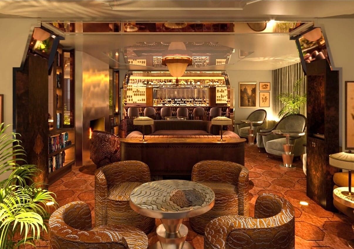 An elegant hotel restaurant bar with plush seating and classic cocktail lighting