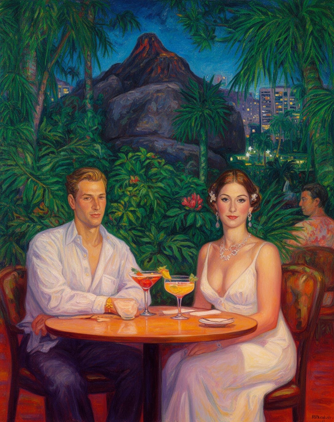 A painting of a couple dining at a candlelit table under palms, volcanic peak and city at night behind