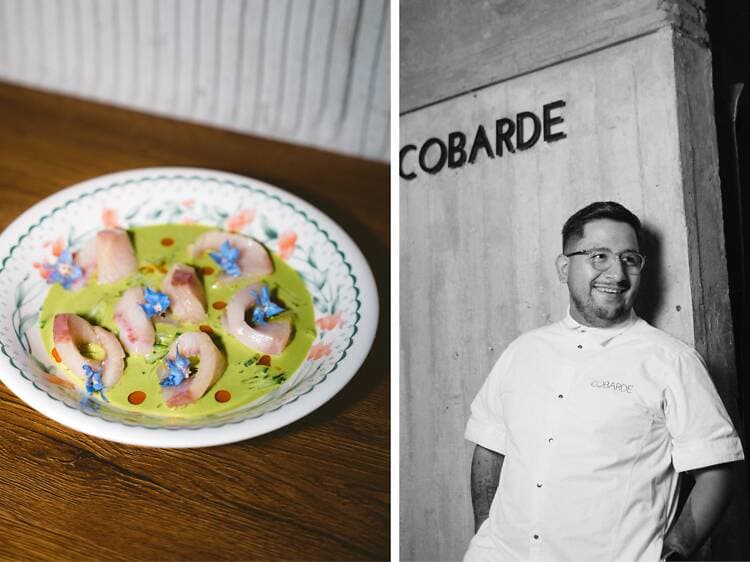 A modern restaurant table with mezcal cocktails and colorful plated dishes
