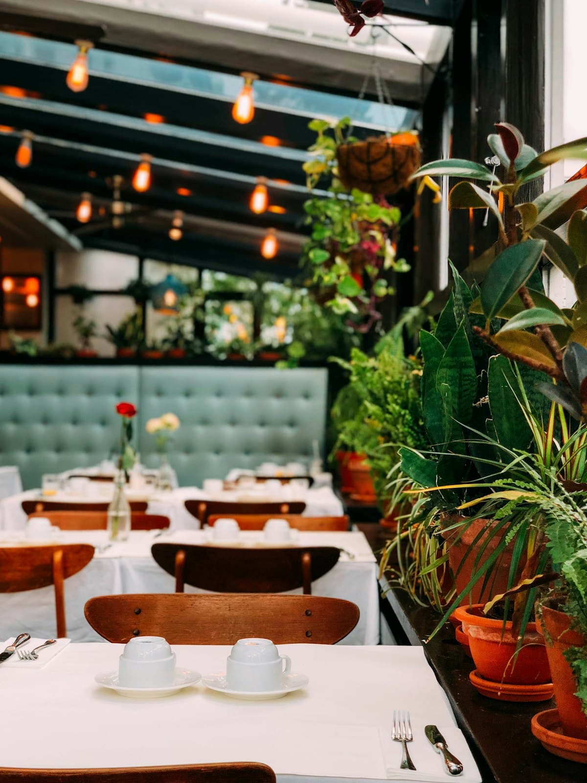 Warm, inviting interior of a modern New York City restaurant with ambient lighting and sleek design